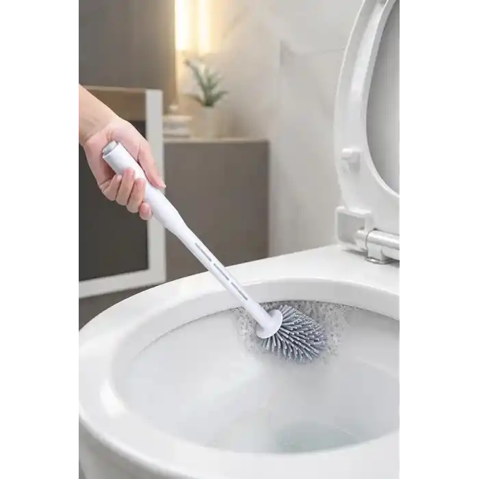 Busstier Hazneli Silikon WC Fırçası, Klozet Temizliği İçin Esnek Başlıklı Tuvalet Fırçası, Standlı Saklama Kabı