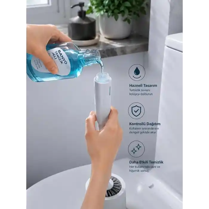 Busstier Hazneli Silikon WC Fırçası, Klozet Temizliği İçin Esnek Başlıklı Tuvalet Fırçası, Standlı Saklama Kabı