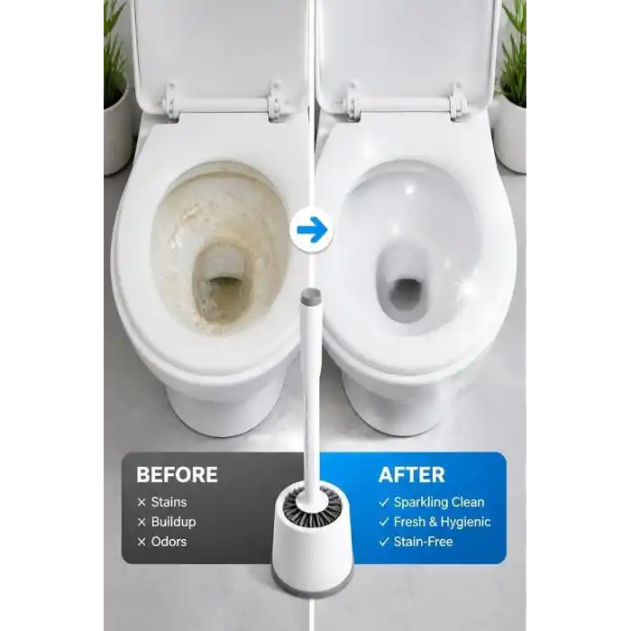 Busstier Hazneli Silikon WC Fırçası, Klozet Temizliği İçin Esnek Başlıklı Tuvalet Fırçası, Standlı Saklama Kabı