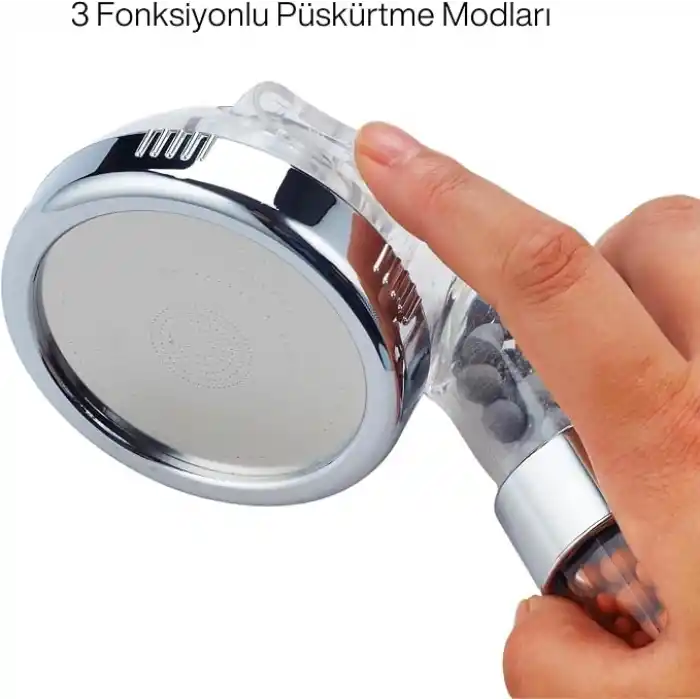 Bluefox Arıtmalı Tasarruflu Duş Başlığı - 3 Ayarlı Krom & Şeffaf,%200 Artan Basınç,%35 Tasarruf, Kireç & Klor Azaltıcı
