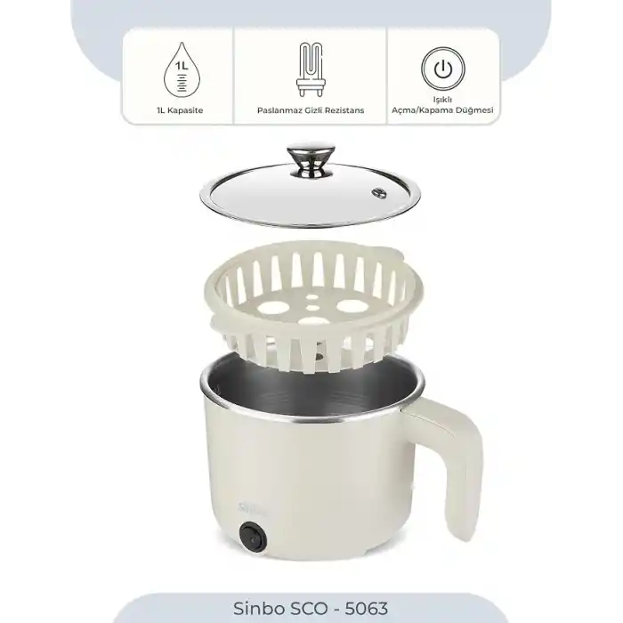 Sinbo SCO-5063 Çok Fonksiyonlu Buharlı Pişirici – 800 Ml Kapasite, Paslanmaz Gizli Rezistans, Temperli Cam Kapak, Krem Renk