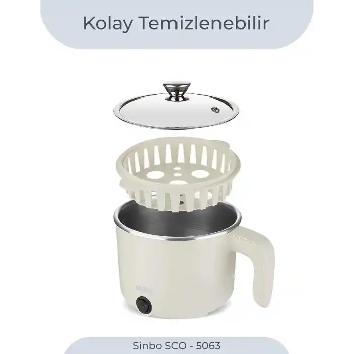 Sinbo SCO-5063 Çok Fonksiyonlu Buharlı Pişirici – 800 Ml Kapasite, Paslanmaz Gizli Rezistans, Temperli Cam Kapak, Krem Renk