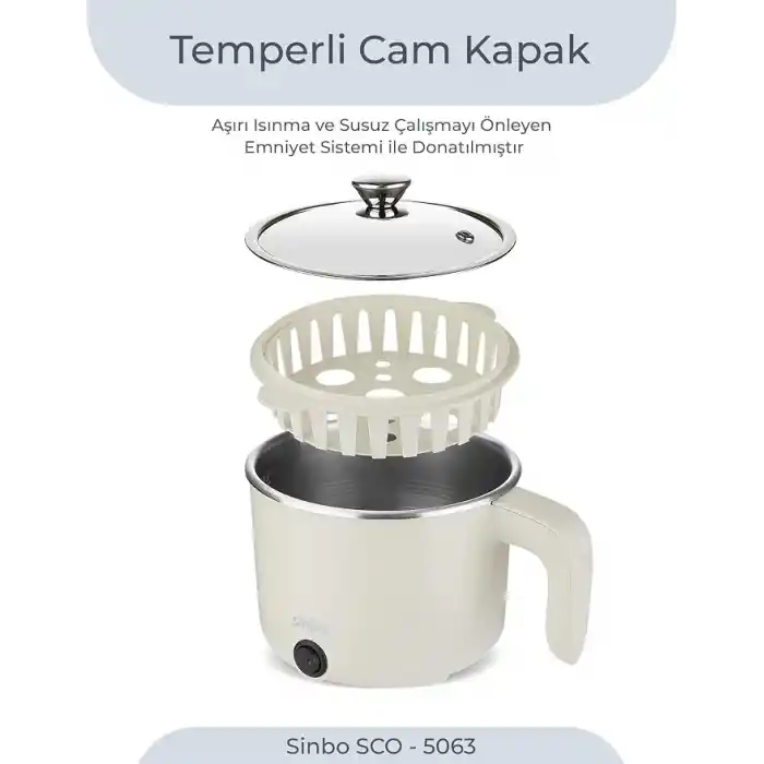 Sinbo SCO-5063 Çok Fonksiyonlu Buharlı Pişirici – 800 Ml Kapasite, Paslanmaz Gizli Rezistans, Temperli Cam Kapak, Krem Renk