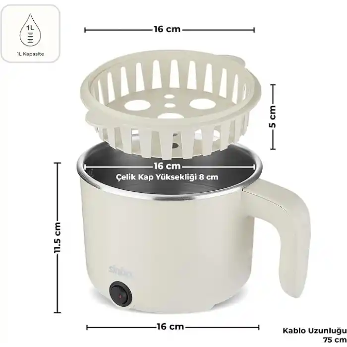 Sinbo SCO-5063 Çok Fonksiyonlu Buharlı Pişirici – 800 Ml Kapasite, Paslanmaz Gizli Rezistans, Temperli Cam Kapak, Krem Renk