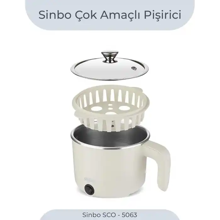 Sinbo SCO-5063 Çok Fonksiyonlu Buharlı Pişirici – 800 Ml Kapasite, Paslanmaz Gizli Rezistans, Temperli Cam Kapak, Krem Renk