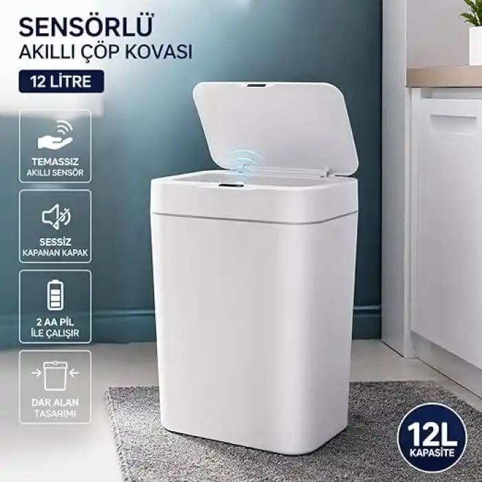 12 Litre Sensörlü Çöp Kovası, Otomatik Temassız Akıllı Çöp Kutusu, Sessiz Kapanan Kapaklı, 2 AA Pille Çalışan, Banyo, Mutfak ve Ofis İçin Beyaz