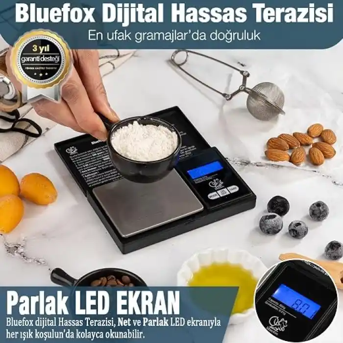 Bluefox Dijital Cep Tartısı - 500g Kapasite, 0.01g Hassasiyet, 7 Ölçü Birimi, Dara Fonksiyonu, Büyük Ekran, Otomatik Kapanma