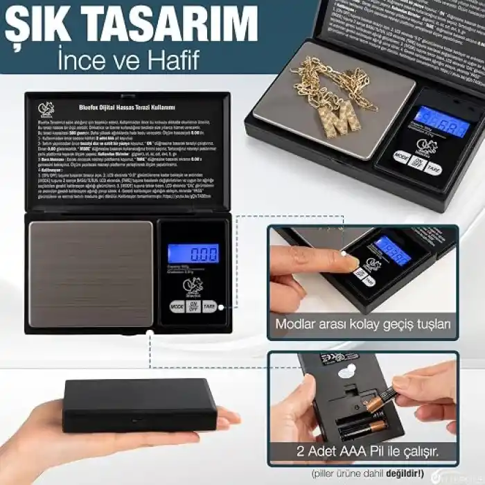 Bluefox Dijital Cep Tartısı - 500g Kapasite, 0.01g Hassasiyet, 7 Ölçü Birimi, Dara Fonksiyonu, Büyük Ekran, Otomatik Kapanma