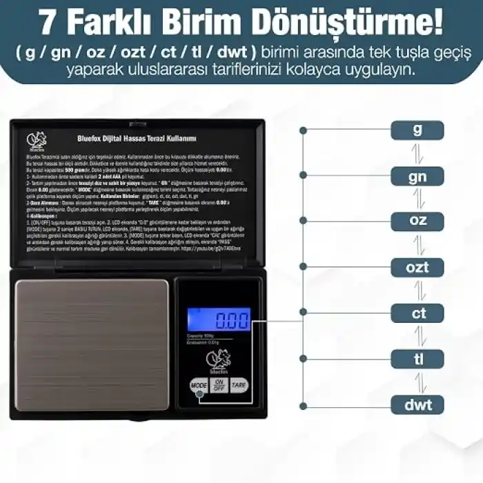 Bluefox Dijital Cep Tartısı - 500g Kapasite, 0.01g Hassasiyet, 7 Ölçü Birimi, Dara Fonksiyonu, Büyük Ekran, Otomatik Kapanma