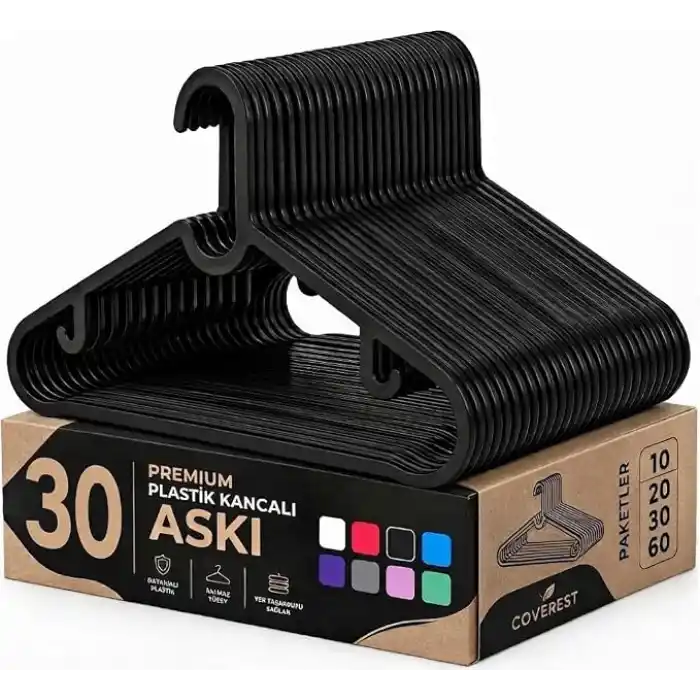 Coverest 30 Adet Slim Plastik Elbise Askısı, Gardrop İçin Alan Tasarruflu Pantolon Gömlek Ceket Etek Askısı, Kıyafet Askısı, 38.5 cm x 18 cm (30, SİYAH)