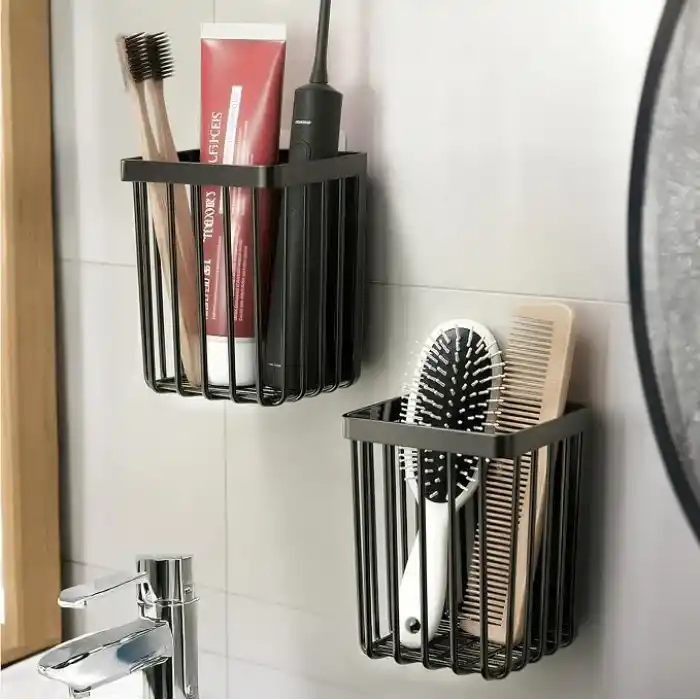 ATA HOME 2Li Set Yapışkanlı Diş Fırçalık, Saç Fırçası Tarak Düzenleyici, Banyo Düzenleyici Banyo Rafı Siyah