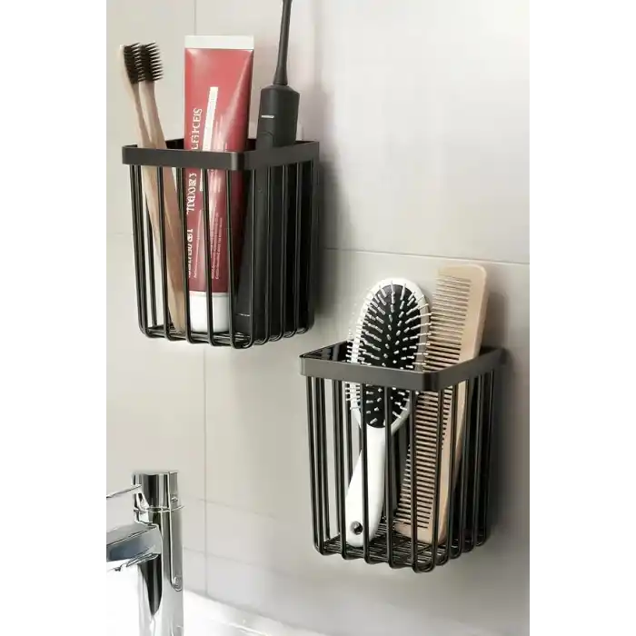 ATA HOME 2Li Set Yapışkanlı Diş Fırçalık, Saç Fırçası Tarak Düzenleyici, Banyo Düzenleyici Banyo Rafı Siyah
