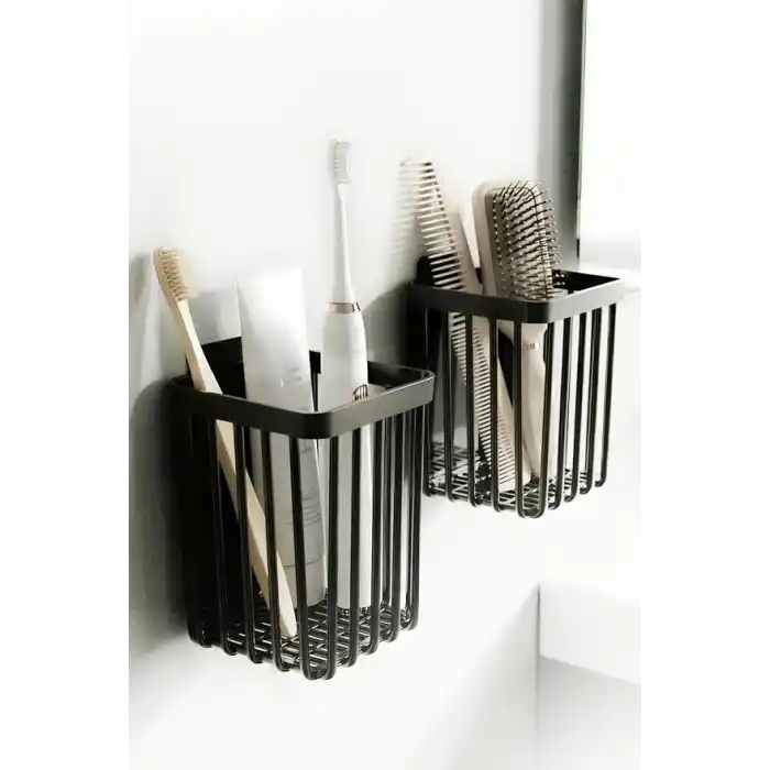 ATA HOME 2Li Set Yapışkanlı Diş Fırçalık, Saç Fırçası Tarak Düzenleyici, Banyo Düzenleyici Banyo Rafı Siyah