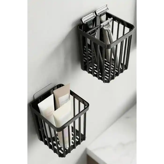 ATA HOME 2Li Set Yapışkanlı Diş Fırçalık, Saç Fırçası Tarak Düzenleyici, Banyo Düzenleyici Banyo Rafı Siyah