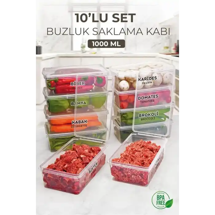 10 Adet 1000Ml Kapaklı Derin Dondurucu Difriz Saklama Kabı - Buzdolabı Düzenleyici
