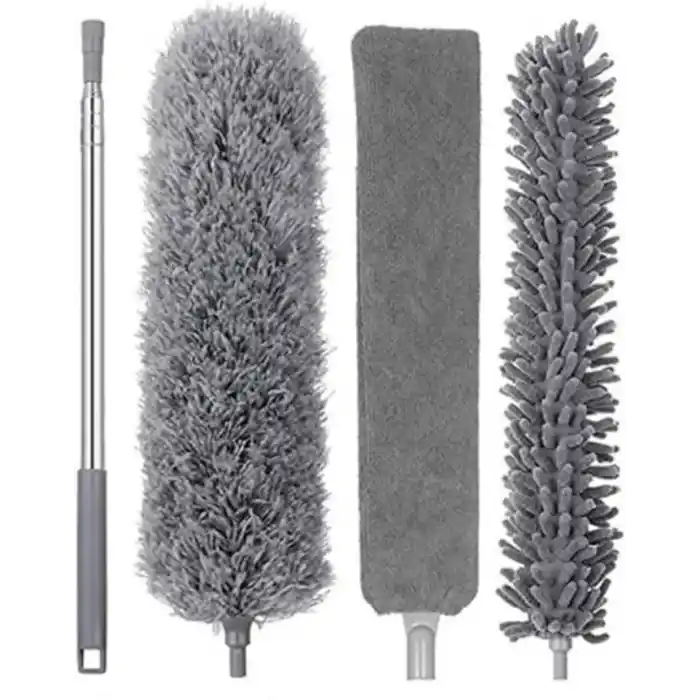 3 Başlıklı Teleskopik Mikrofiber Toz Alma Seti - 205 cm Uzayan Saplı, Esnek Bükülebilir Tavan ve Ulaşılması Zor Alan Temizlik Aparatı (Püskül, Makarna, Düz Başlık)