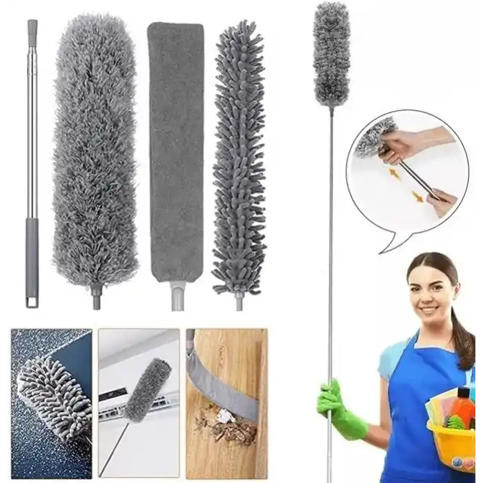 3 Başlıklı Teleskopik Mikrofiber Toz Alma Seti - 205 cm Uzayan Saplı, Esnek Bükülebilir Tavan ve Ulaşılması Zor Alan Temizlik Aparatı (Püskül, Makarna, Düz Başlık)