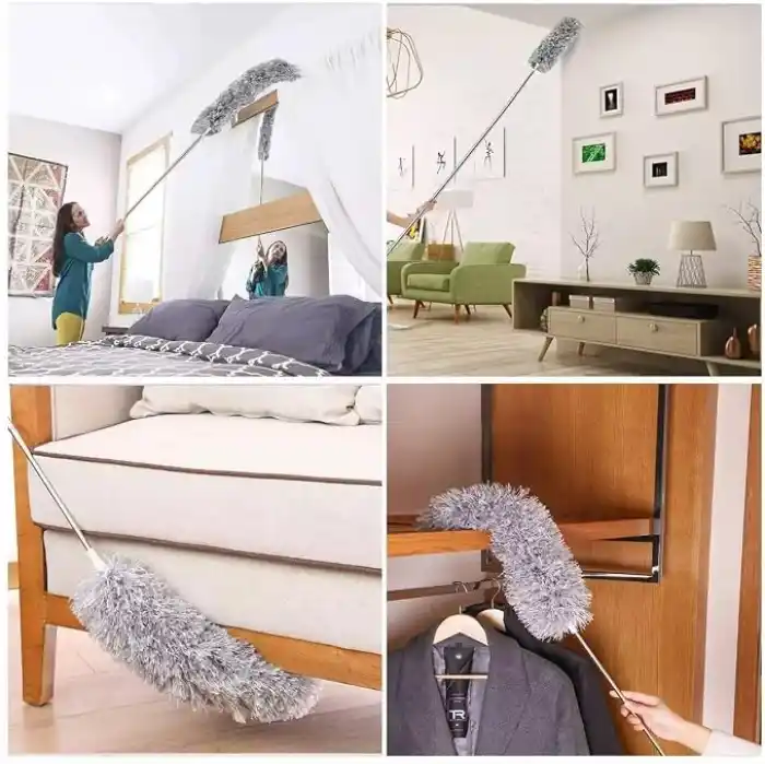 3 Başlıklı Teleskopik Mikrofiber Toz Alma Seti - 205 cm Uzayan Saplı, Esnek Bükülebilir Tavan ve Ulaşılması Zor Alan Temizlik Aparatı (Püskül, Makarna, Düz Başlık)