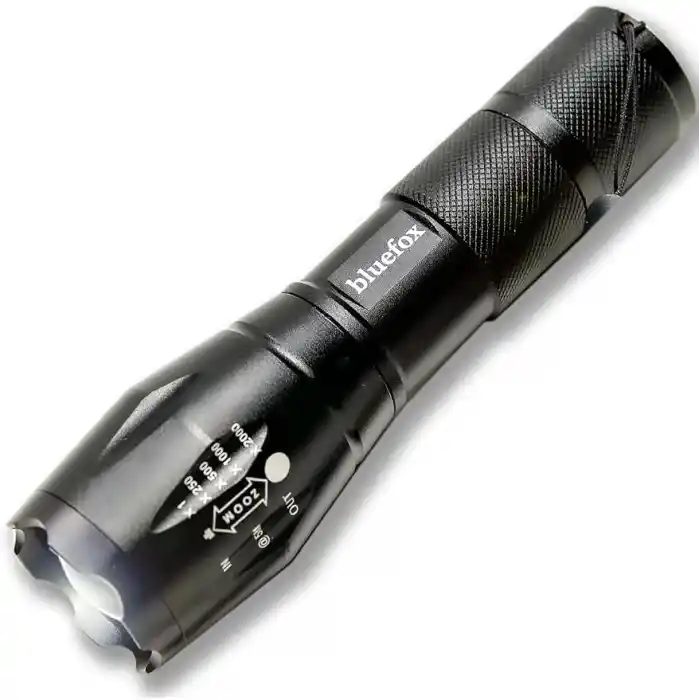 Bluefox Güçlü LED El Feneri, 10W Ultra Parlak Işık, 5 Farklı Mod, Zoom Özellikli, Dayanıklı Aluminyum Gövde