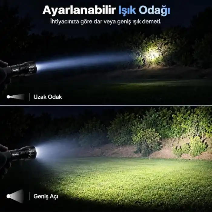 Bluefox Güçlü LED El Feneri, 10W Ultra Parlak Işık, 5 Farklı Mod, Zoom Özellikli, Dayanıklı Aluminyum Gövde