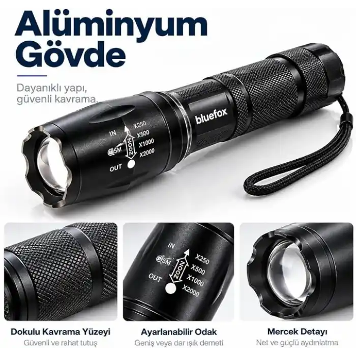 Bluefox Güçlü LED El Feneri, 10W Ultra Parlak Işık, 5 Farklı Mod, Zoom Özellikli, Dayanıklı Aluminyum Gövde
