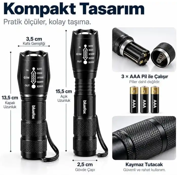 Bluefox Güçlü LED El Feneri, 10W Ultra Parlak Işık, 5 Farklı Mod, Zoom Özellikli, Dayanıklı Aluminyum Gövde