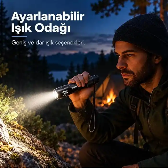 Bluefox Güçlü LED El Feneri, 10W Ultra Parlak Işık, 5 Farklı Mod, Zoom Özellikli, Dayanıklı Aluminyum Gövde