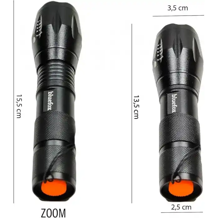 Bluefox Güçlü LED El Feneri, 10W Ultra Parlak Işık, 5 Farklı Mod, Zoom Özellikli, Dayanıklı Aluminyum Gövde