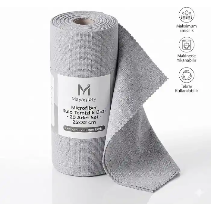 Mayaglory 20’li Rulo Mikrofiber Temizlik Bezi - 25x32 cm Süper Emici Yıkanabilir Kurulama Bezi - Mutfak, Cam ve Araç İçin Çok Amaçlı Sihirli Bez