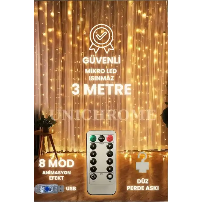 Zauss Kumandalı 8 Ayrı Moda Sahip 3mx3m (300 Cm X 300 Cm) Perde Led 10 Saçaklı Gün Işığı