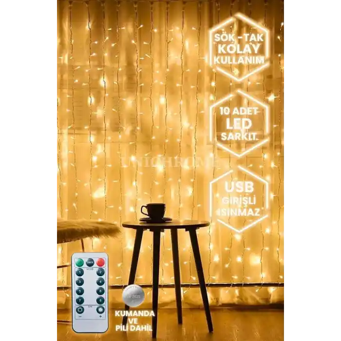 Zauss Kumandalı 8 Ayrı Moda Sahip 3mx3m (300 Cm X 300 Cm) Perde Led 10 Saçaklı Gün Işığı