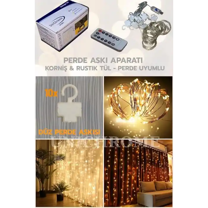 Zauss Kumandalı 8 Ayrı Moda Sahip 3mx3m (300 Cm X 300 Cm) Perde Led 10 Saçaklı Gün Işığı