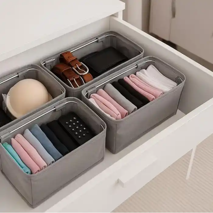 Deconox 4 Adet Tek Boy Katlanabilir Çekmece Organizer Seti | Dolap İçi Saklama Kutusu | İç Giyim, Çorap ve Aksesuar Düzenleyici | Telli Dik Duruş Sağlayan Kumaş Dolap Düzenleyici 30x15x12.5cm