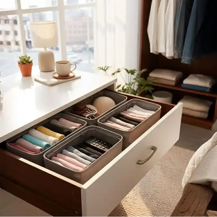 Deconox 4 Adet Tek Boy Katlanabilir Çekmece Organizer Seti | Dolap İçi Saklama Kutusu | İç Giyim, Çorap ve Aksesuar Düzenleyici | Telli Dik Duruş Sağlayan Kumaş Dolap Düzenleyici 30x15x12.5cm