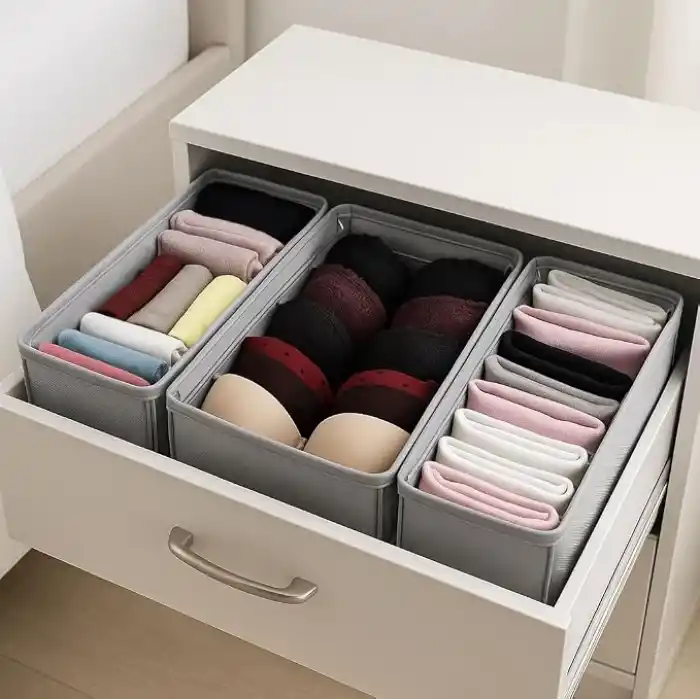 Deconox 4 Adet Tek Boy Katlanabilir Çekmece Organizer Seti | Dolap İçi Saklama Kutusu | İç Giyim, Çorap ve Aksesuar Düzenleyici | Telli Dik Duruş Sağlayan Kumaş Dolap Düzenleyici 30x15x12.5cm