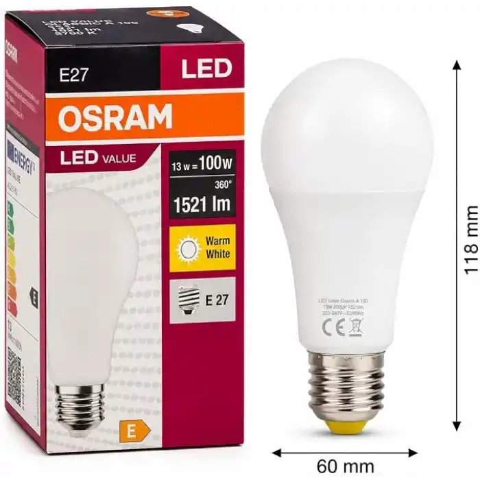 OSRAM LED Value Classic A100 E27 LED Ampul 13W 1521 Lümen 100W Eşdeğeri Uzun Ömürlü Enerji Tasarruflu Ampul 10lu Paket (Sarı Işık)