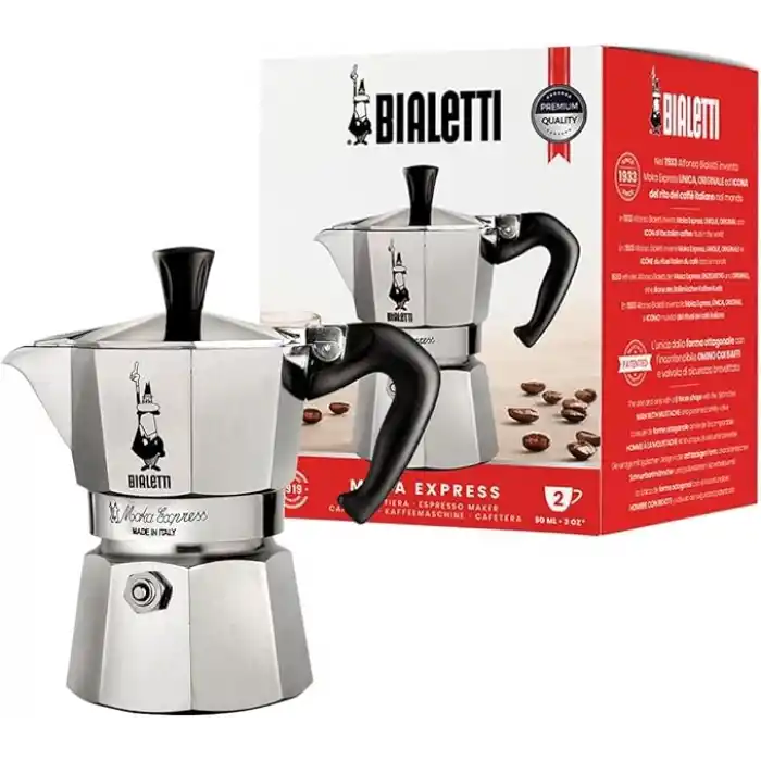 Bialetti - Moka Express: 2 Cups Ocak Üstü Espresso Pişirici - 90ml - Gümüş Renk - Alüminyum Gövde - Patentli Güvenlik Valfi - Tüm Ocak Türleri İçin Uygundur (İndüksiyon Hariç)