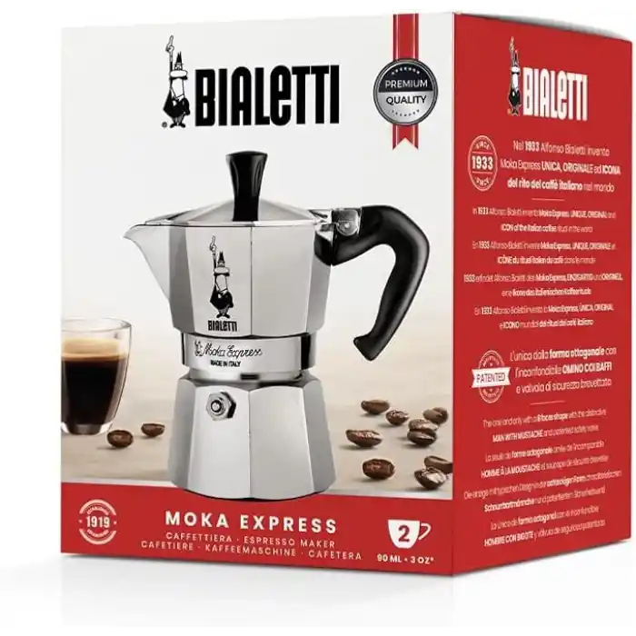 Bialetti - Moka Express: 2 Cups Ocak Üstü Espresso Pişirici - 90ml - Gümüş Renk - Alüminyum Gövde - Patentli Güvenlik Valfi - Tüm Ocak Türleri İçin Uygundur (İndüksiyon Hariç)