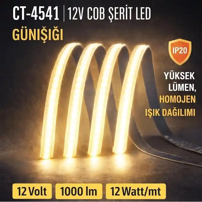 Cata CT-4541G COB Şerit LED 12V Metrede 216 Çipli Kesintisiz Noktasız İç Mekan Aydınlatma - 5 METRE GÜNIŞIĞI 3200K