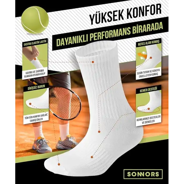 SONNORS 4 Çift Unisex Erkek Çorap ve Kadın Spor Çorabı - Nefes Alabilir Atletik Performans ve Kompresyon Tenis Çorapları - 4lü Siyah & Beyaz