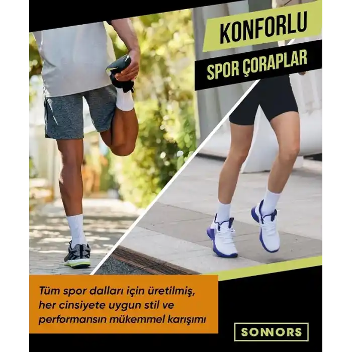 SONNORS 4 Çift Unisex Erkek Çorap ve Kadın Spor Çorabı - Nefes Alabilir Atletik Performans ve Kompresyon Tenis Çorapları - 4lü Siyah & Beyaz