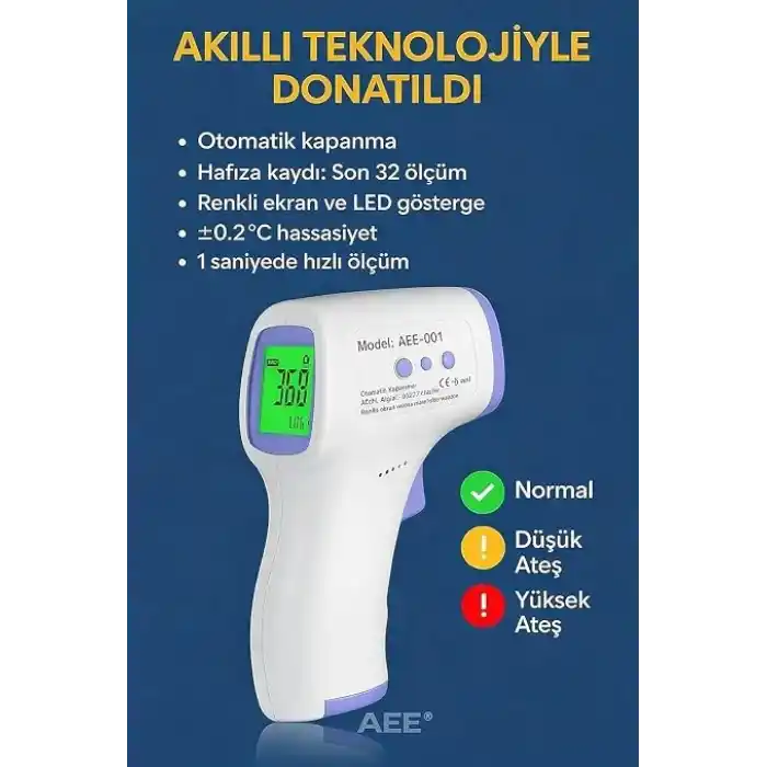 AEE® CE onaylı Dijital Temassız Ateş Ölçer Termometre Tabanca Model Hafızalı Pilli Bebek Çocuk Kedi Köpek Ortam Nesne Yemek Havuz Oda