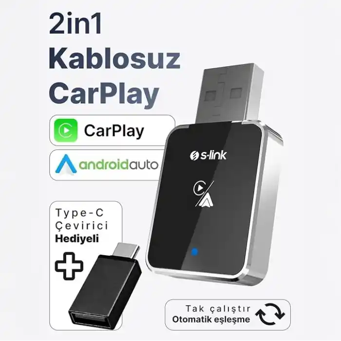 S-Link SL-CAR01 2in1 Android ve Apple Cihazlar Kablosuz Android Auto ve Carplay Adaptörü