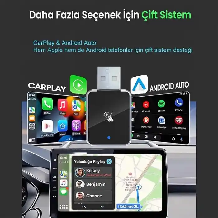 S-Link SL-CAR01 2in1 Android ve Apple Cihazlar Kablosuz Android Auto ve Carplay Adaptörü