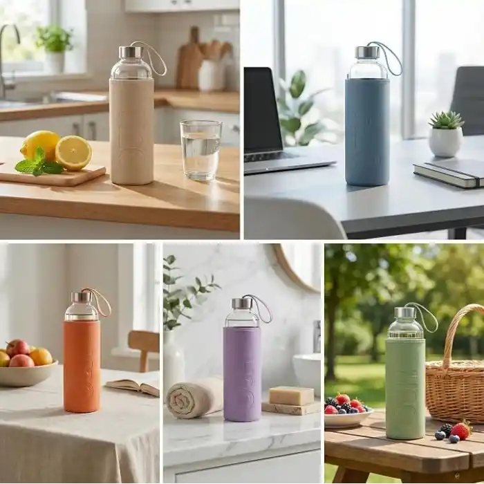 Deconox 1 Litre Deri Kılıflı Cam Matara – H2O Tasarımlı Büyük Boy Su Şişesi, Koku Yapmaz Sızdırmaz Metal Kapak (1 Adet - Asorti)