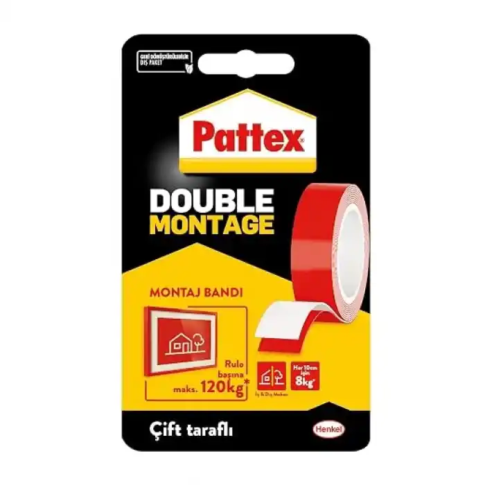 Pattex Double Montage Çift Taraflı Montaj Bandı, İç ve Dış Mekanlar İçin Uygun Ekstra Güçlü ve Dayanıklı Bant Yapıştırıcı, Beyaz, 19 mm x 1,5 m