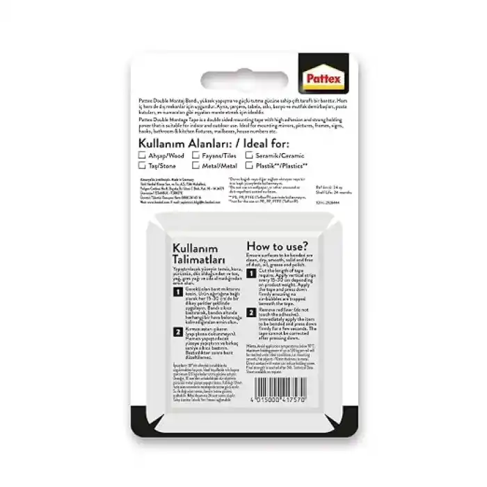 Pattex Double Montage Çift Taraflı Montaj Bandı, İç ve Dış Mekanlar İçin Uygun Ekstra Güçlü ve Dayanıklı Bant Yapıştırıcı, Beyaz, 19 mm x 1,5 m