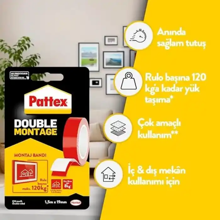 Pattex Double Montage Çift Taraflı Montaj Bandı, İç ve Dış Mekanlar İçin Uygun Ekstra Güçlü ve Dayanıklı Bant Yapıştırıcı, Beyaz, 19 mm x 1,5 m
