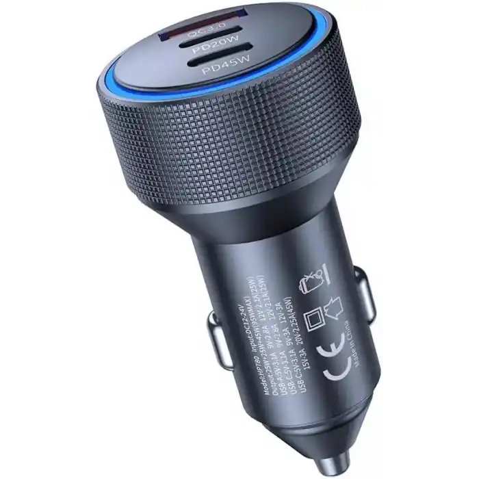 Hepu HP-AD01 105 Watt Araç Içi Şarj Cihazı 3.1A Pd 45 Watt Fast Hızlı Şarj Aleti Metal Çakmaklık Şarj Type C 3-Port Işıklı
