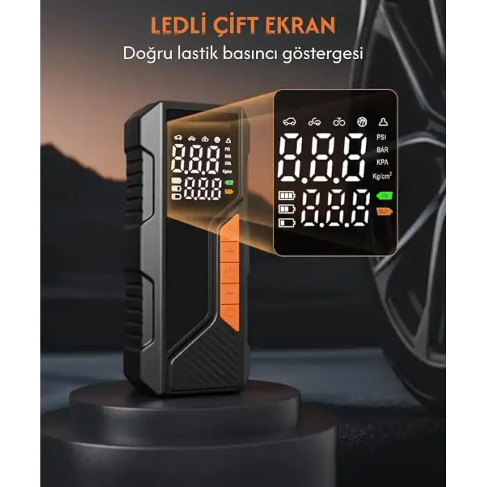 Dijital Göstergeli Led Işıklı Taşınabilir Powerbank 4500mAh Araç Bisiklet Top Lastik Şişirme Hava Kompresörü